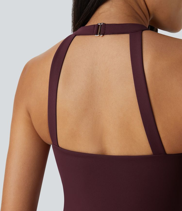 Mono  Breezeful™ halter dama honor invitada boda volantes hebilla sin espalda bolsillo pierna ancha secado rápido