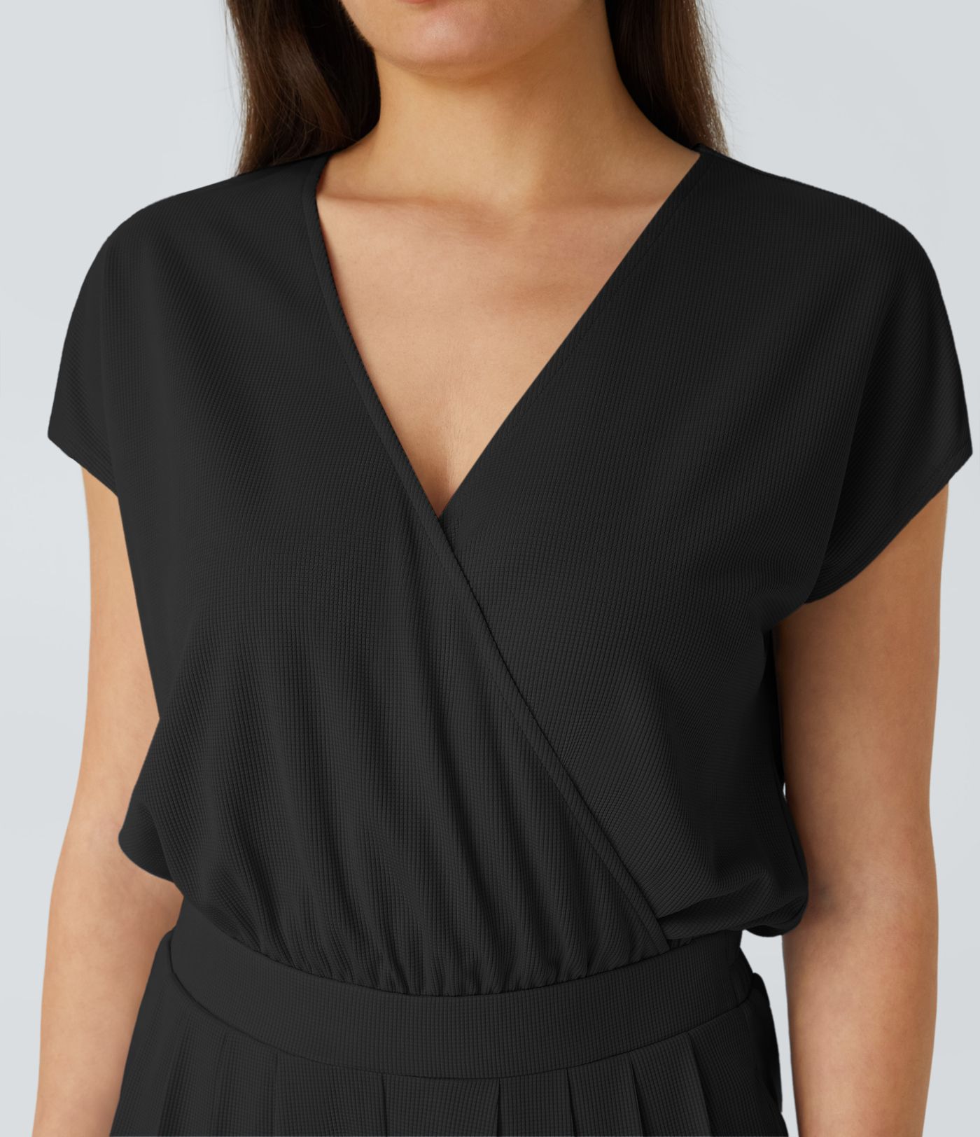 Vネック 半袖 折り返しサイドポケット ワッフル カジュアル ジョガー ジャンプスーツ