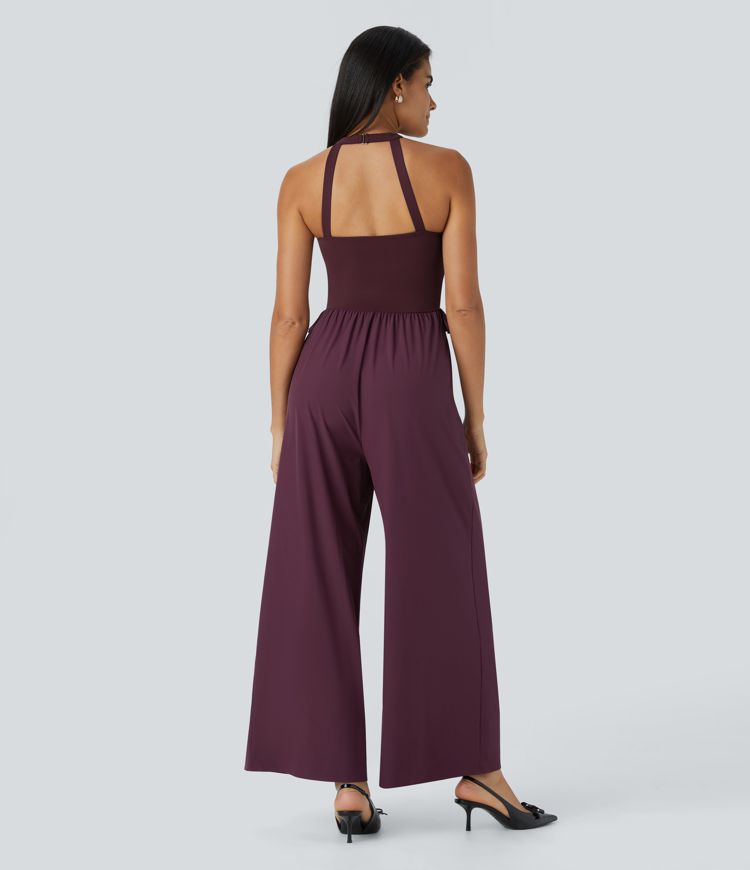 Breezeful™ Halter Ruffle Buckle Backless Pocket Wide Leg Quick Dry Bridesmaid & Wedding Guest Jumpsuit
