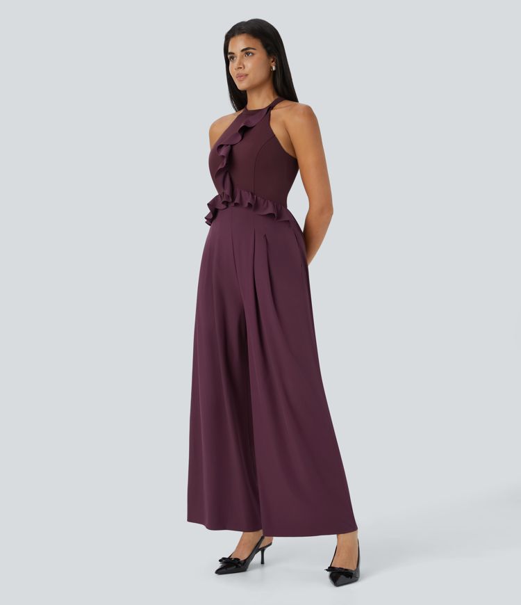 Mono  Breezeful™ halter dama honor invitada boda volantes hebilla sin espalda bolsillo pierna ancha secado rápido