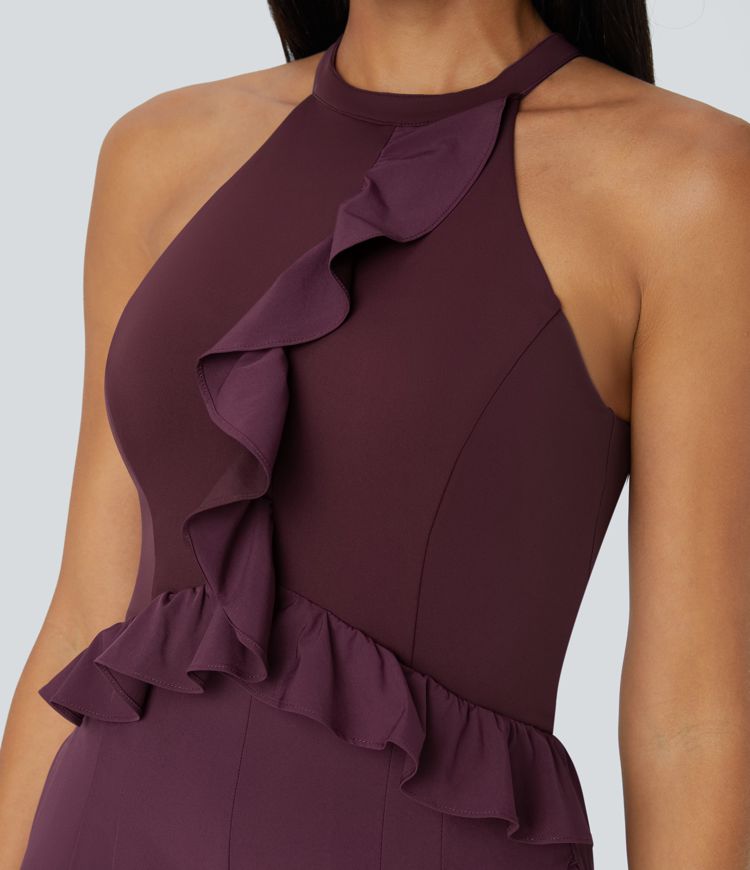 Mono  Breezeful™ halter dama honor invitada boda volantes hebilla sin espalda bolsillo pierna ancha secado rápido