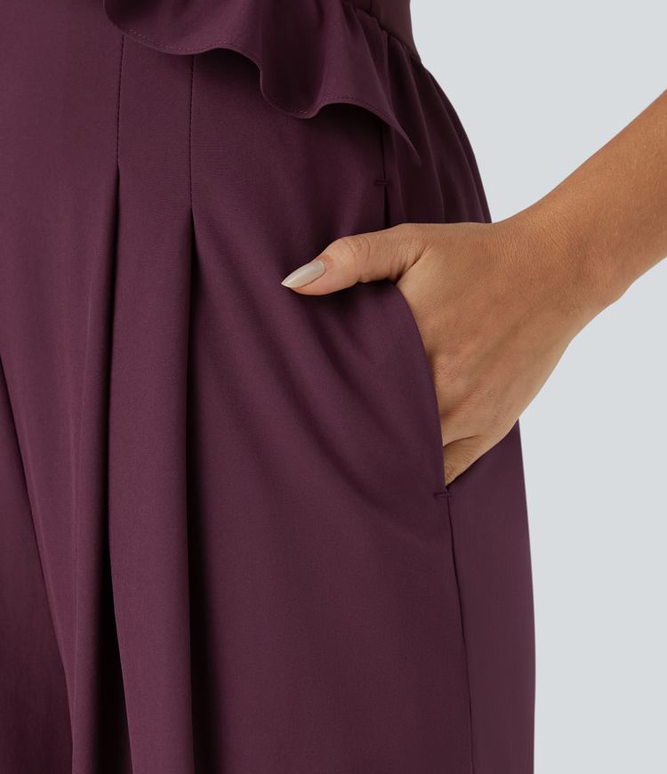 Mono  Breezeful™ halter dama honor invitada boda volantes hebilla sin espalda bolsillo pierna ancha secado rápido