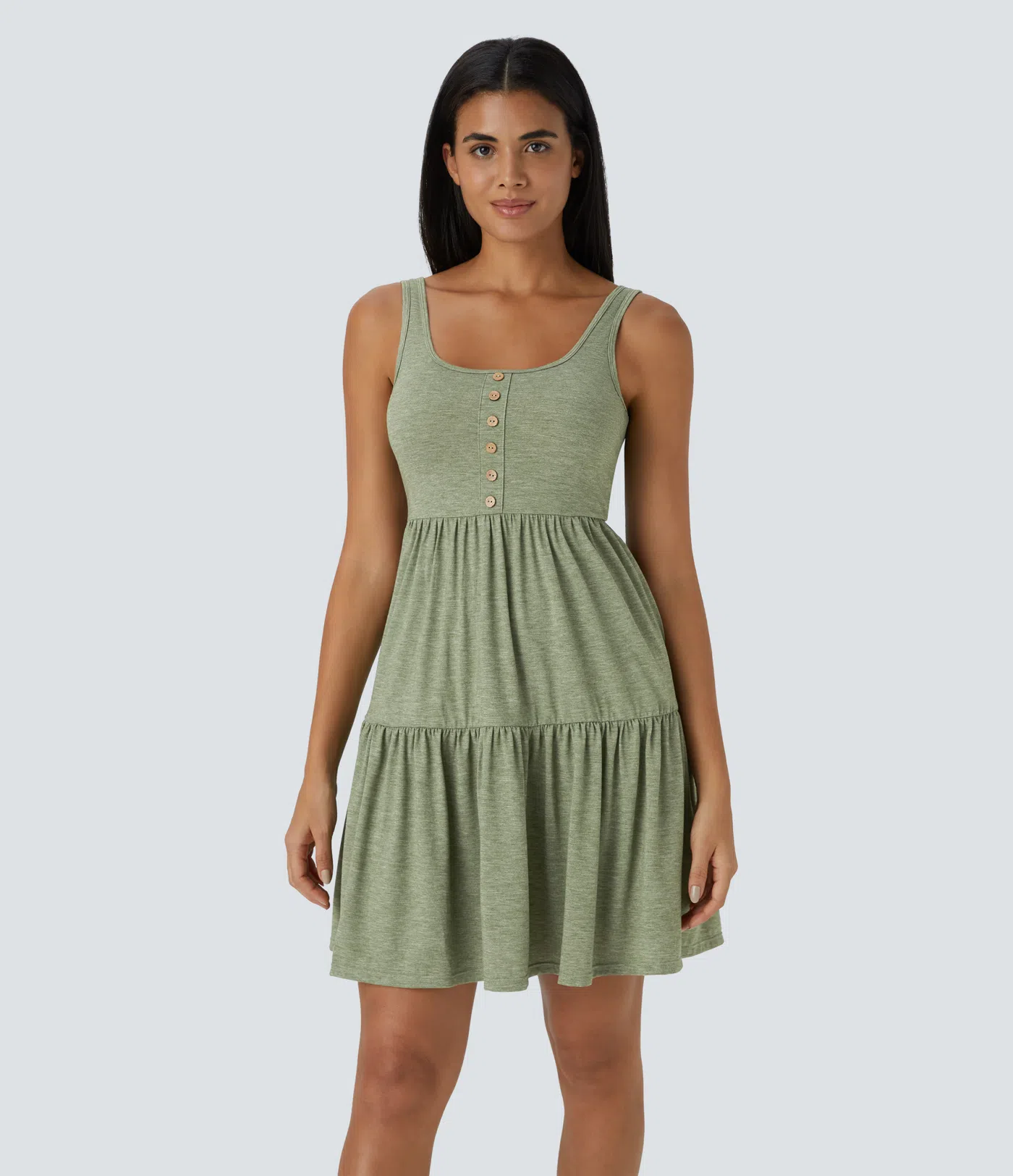 Flowy Mini-Kleid mit U-Ausschnitt, Knopfleiste und Rüschensaum