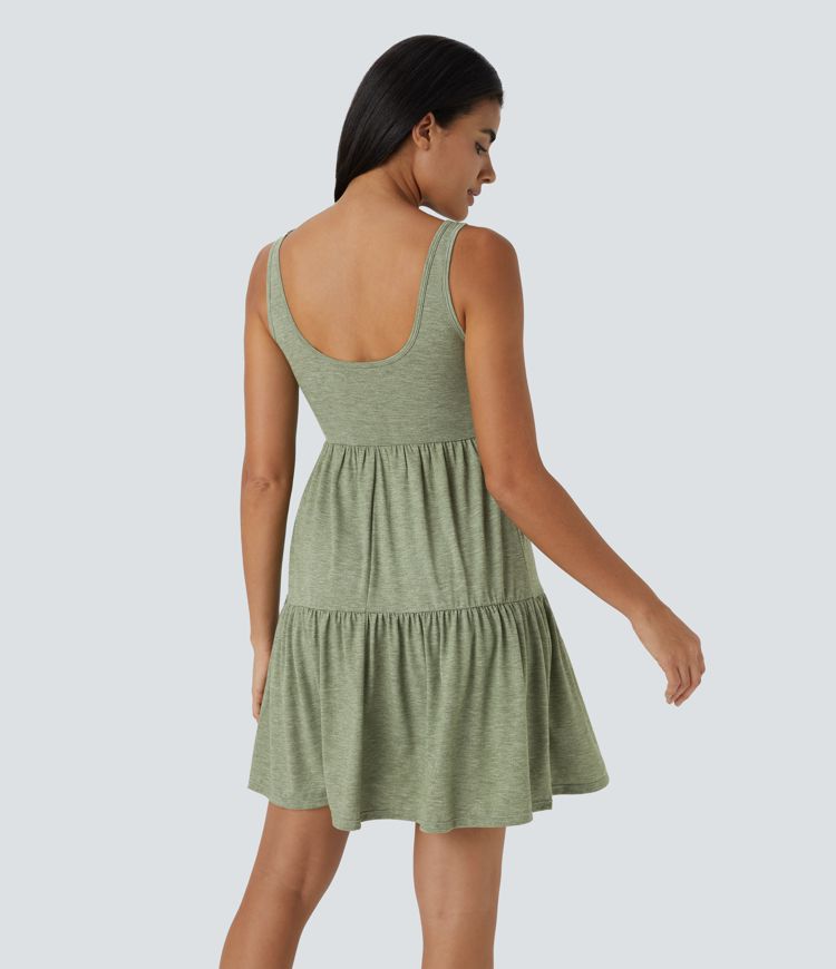 U Neck Ruffle Hem Flowy Mini Dress