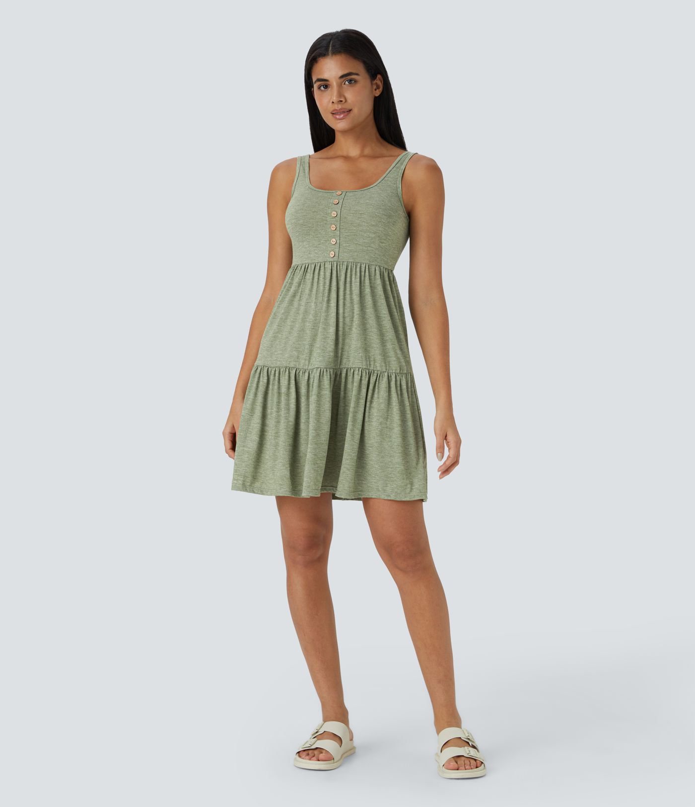 Flowy Mini-Kleid mit U-Ausschnitt, Knopfleiste und Rüschensaum