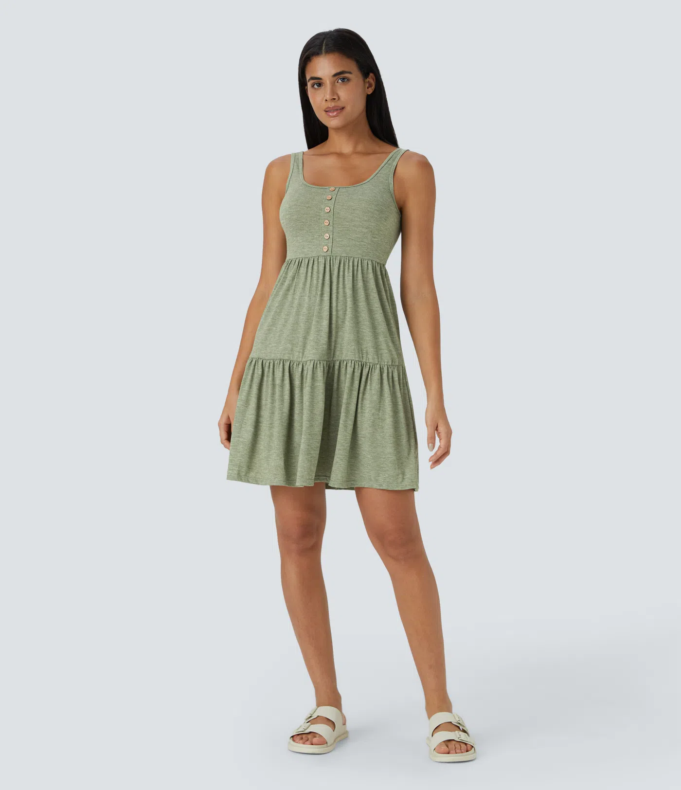 Flowy Mini-Kleid mit U-Ausschnitt, Knopfleiste und Rüschensaum