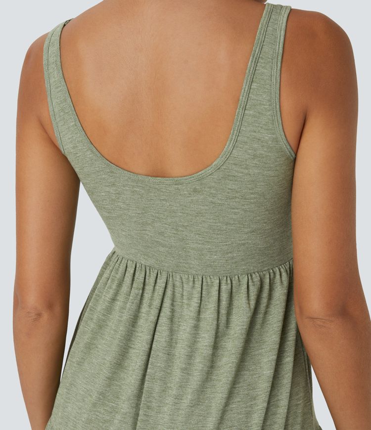 U Neck Ruffle Hem Flowy Mini Dress