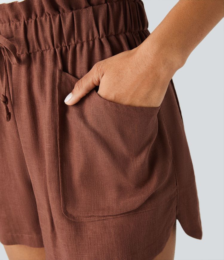 Lässige Shorts aus Leinenmischung mit mittelhoher Paperbag-Taille, Kordelzug, mehreren Taschen und abgerundetem Saum