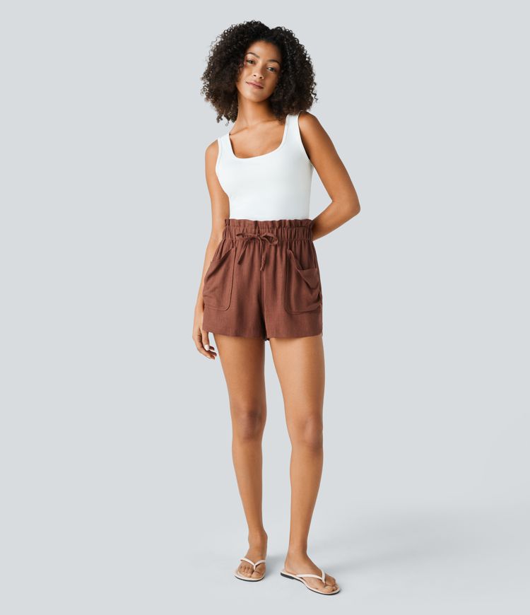 Lässige Shorts aus Leinenmischung mit mittelhoher Paperbag-Taille, Kordelzug, mehreren Taschen und abgerundetem Saum