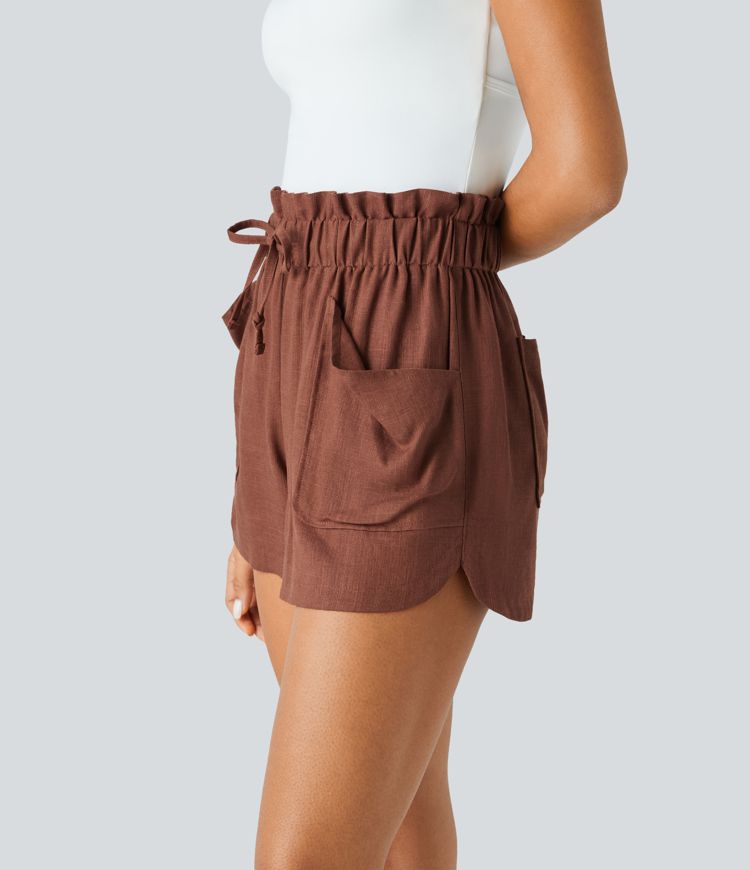 Lässige Shorts aus Leinenmischung mit mittelhoher Paperbag-Taille, Kordelzug, mehreren Taschen und abgerundetem Saum