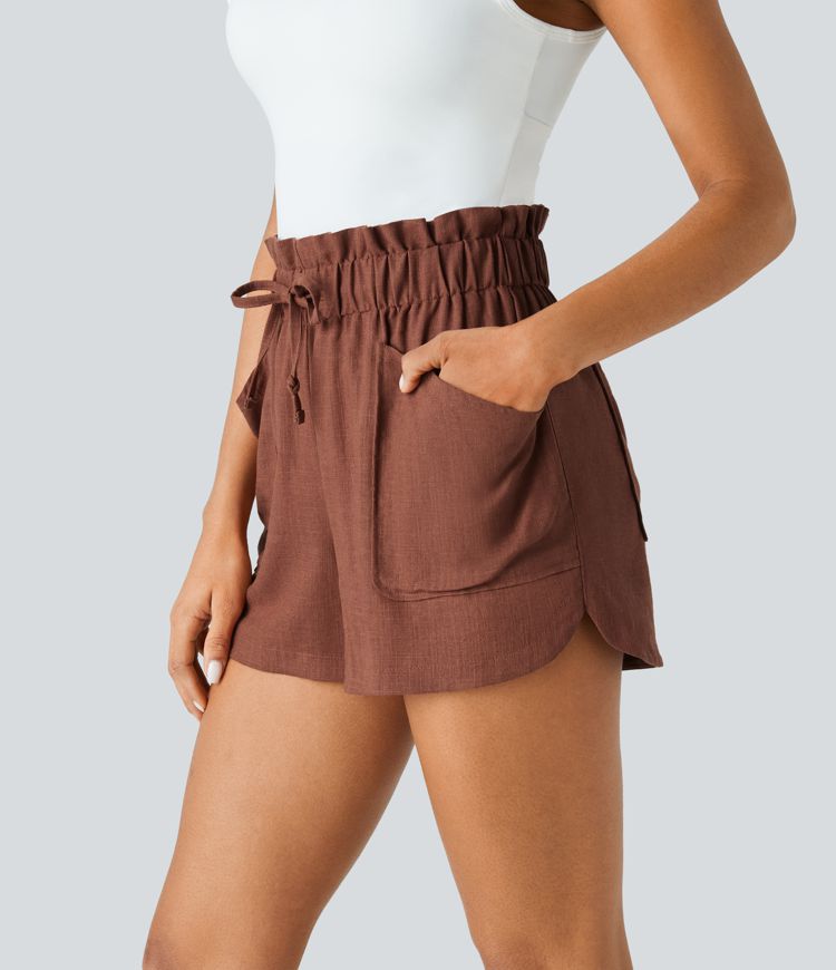 Lässige Shorts aus Leinenmischung mit mittelhoher Paperbag-Taille, Kordelzug, mehreren Taschen und abgerundetem Saum