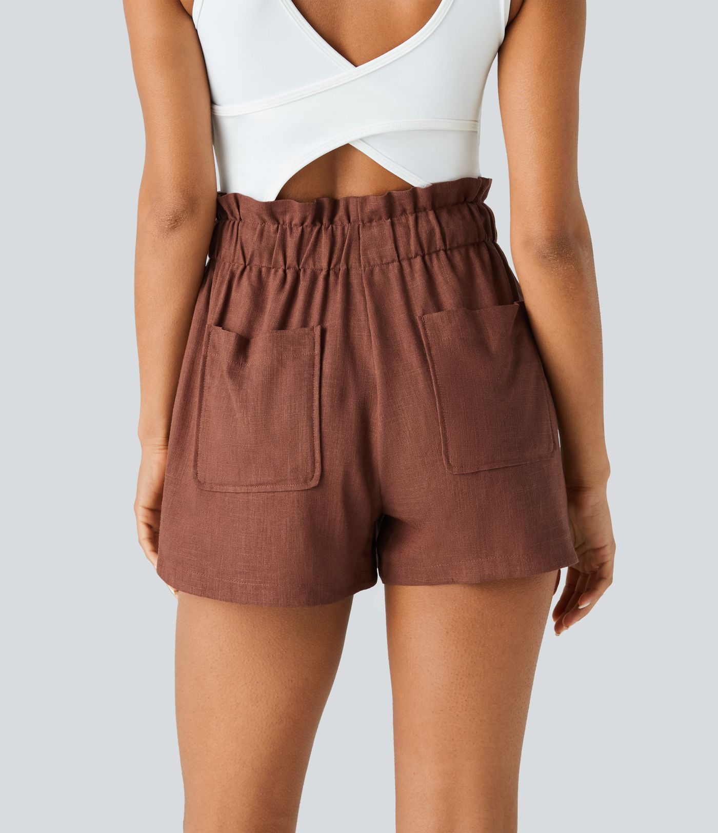 Lässige Shorts aus Leinenmischung mit mittelhoher Paperbag-Taille, Kordelzug, mehreren Taschen und abgerundetem Saum