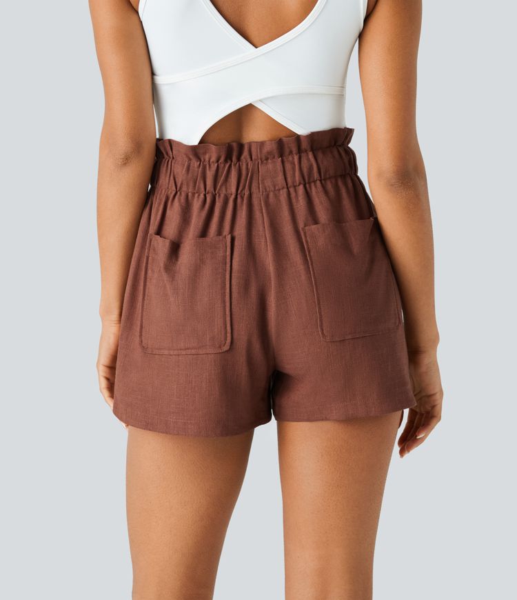 Lässige Shorts aus Leinenmischung mit mittelhoher Paperbag-Taille, Kordelzug, mehreren Taschen und abgerundetem Saum