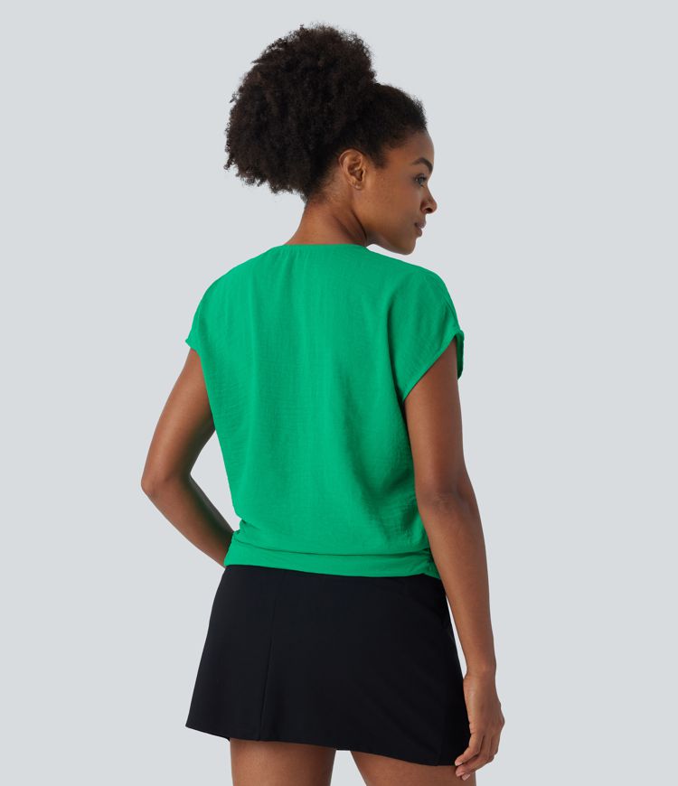 V-neck cap-sleeve wrap ruched casual linen-style top