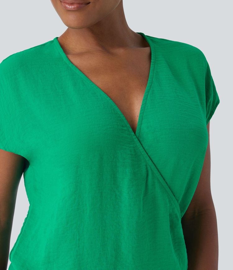 V-neck cap-sleeve wrap ruched casual linen-style top