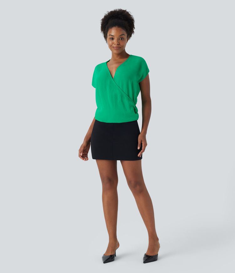 V-neck cap-sleeve wrap ruched casual linen-style top