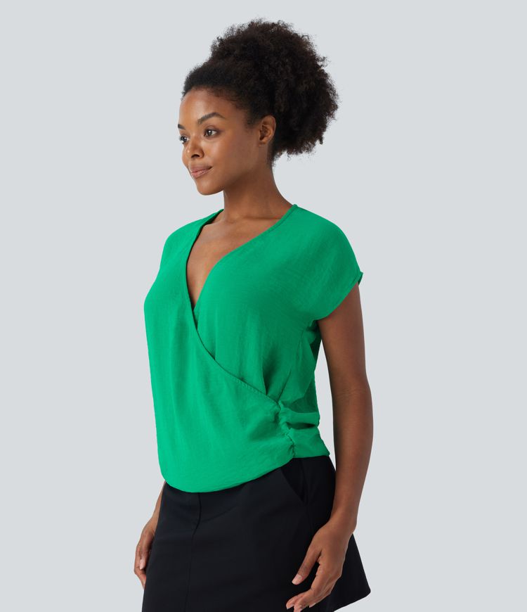 V-neck cap-sleeve wrap ruched casual linen-style top