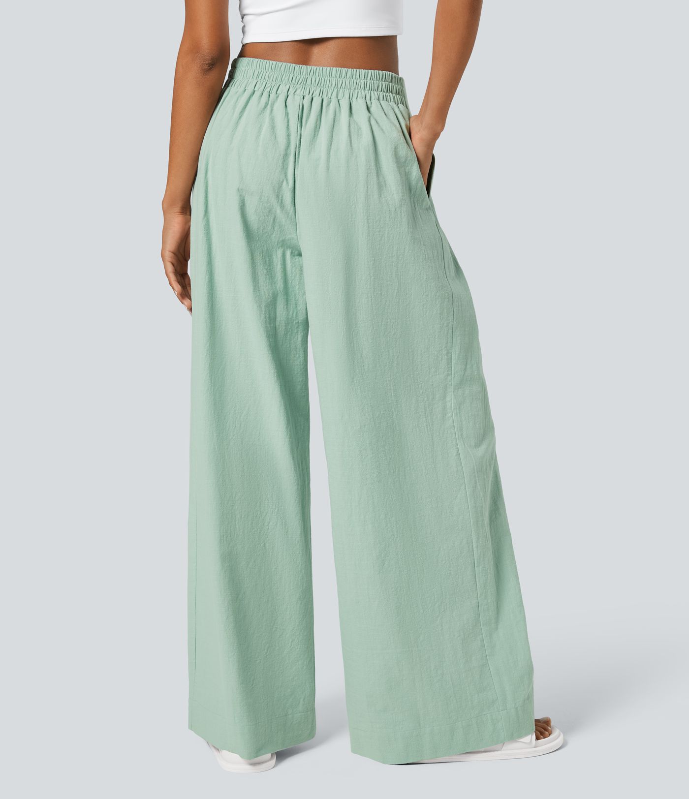 Lässige Baumwollhose mit hoher Taille und Knopfseitentaschen und weitem Bein