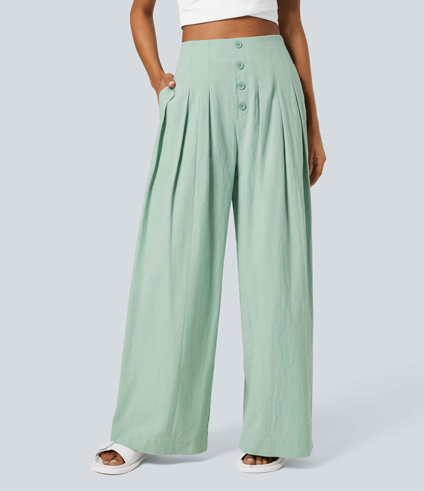 Lässige Baumwollhose mit hoher Taille und Knopfseitentaschen und weitem Bein