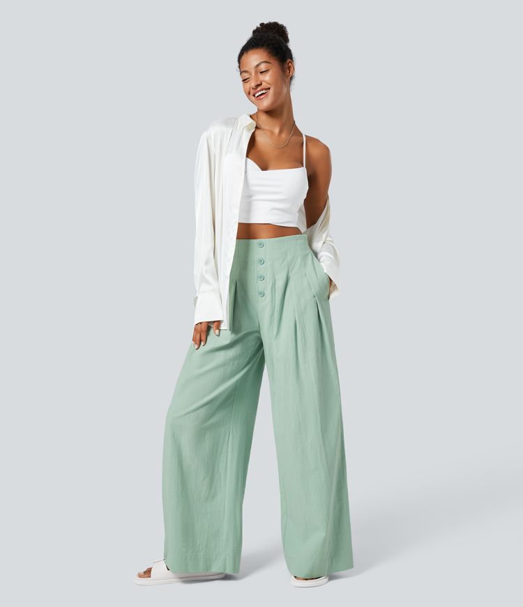 Lässige Baumwollhose mit hoher Taille und Knopfseitentaschen und weitem Bein