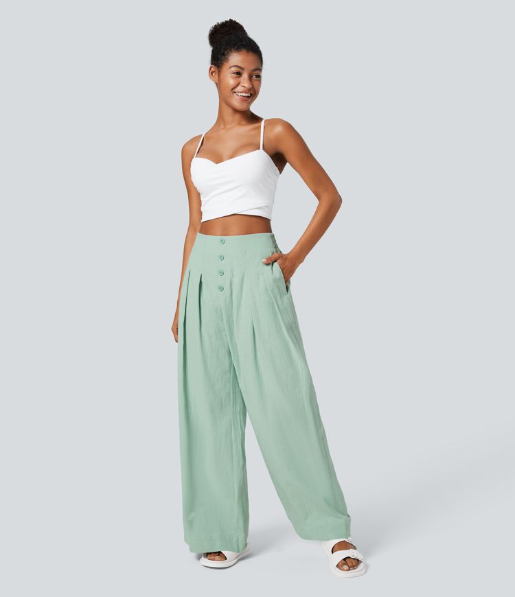 Lässige Baumwollhose mit hoher Taille und Knopfseitentaschen und weitem Bein