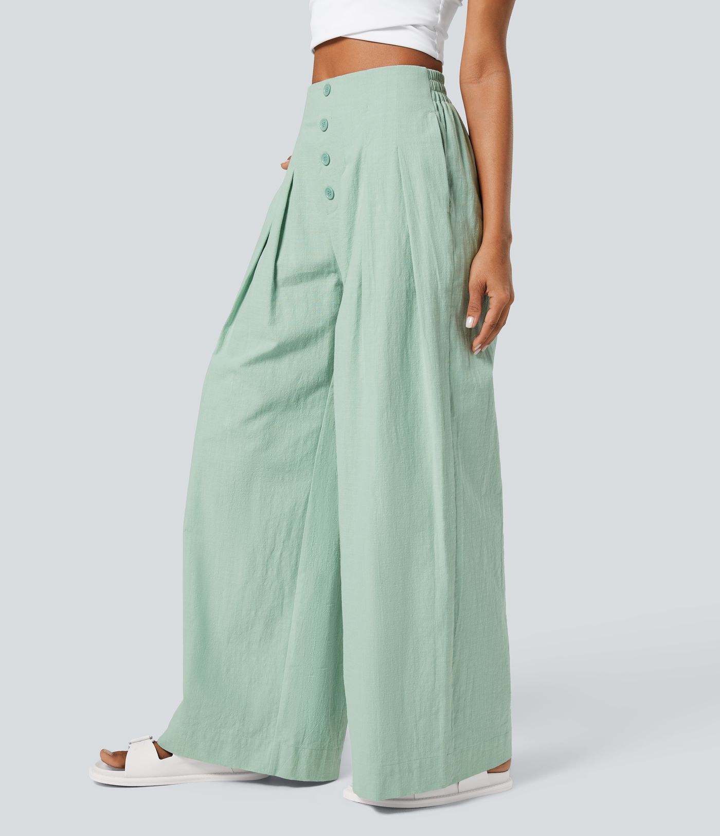 Lässige Baumwollhose mit hoher Taille und Knopfseitentaschen und weitem Bein