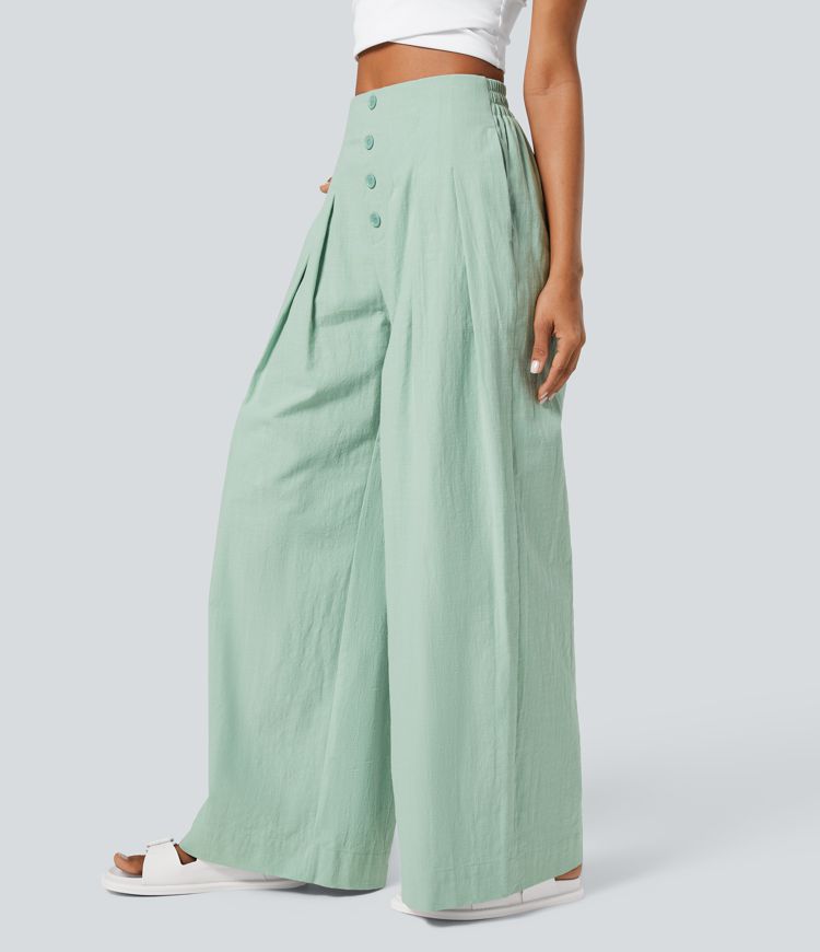 Lässige Baumwollhose mit hoher Taille und Knopfseitentaschen und weitem Bein