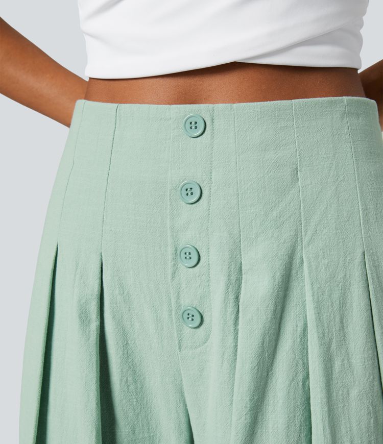 Lässige Baumwollhose mit hoher Taille und Knopfseitentaschen und weitem Bein