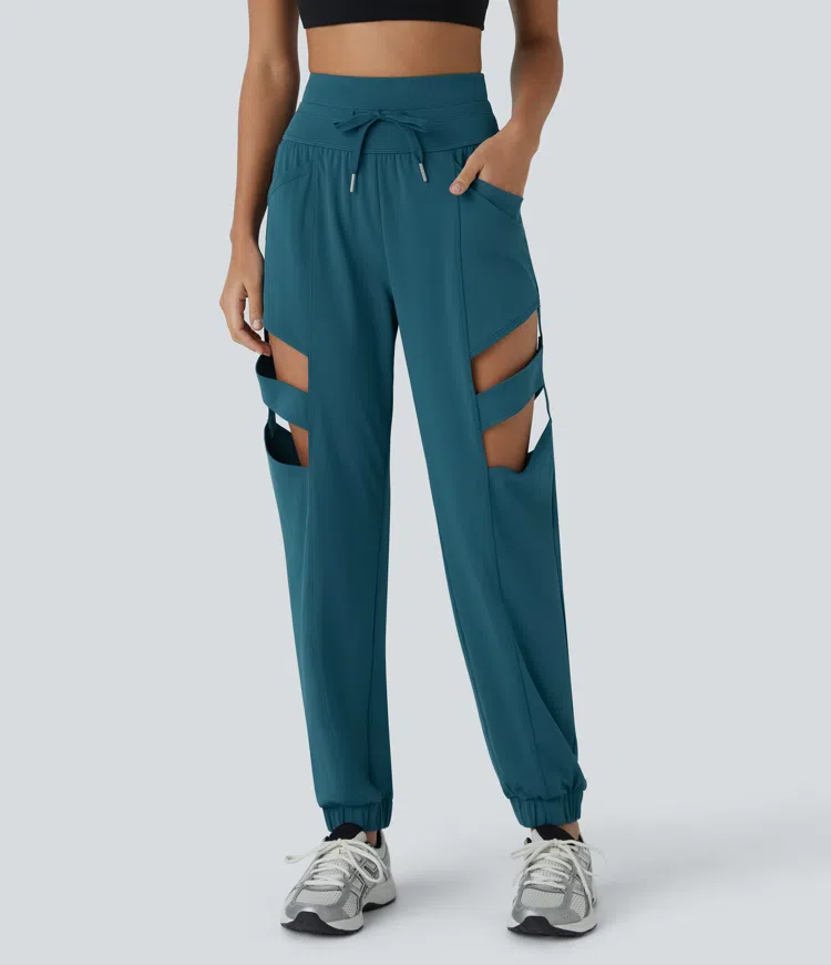 High waist drawstring side pocket cutout quick dry running jogging pants