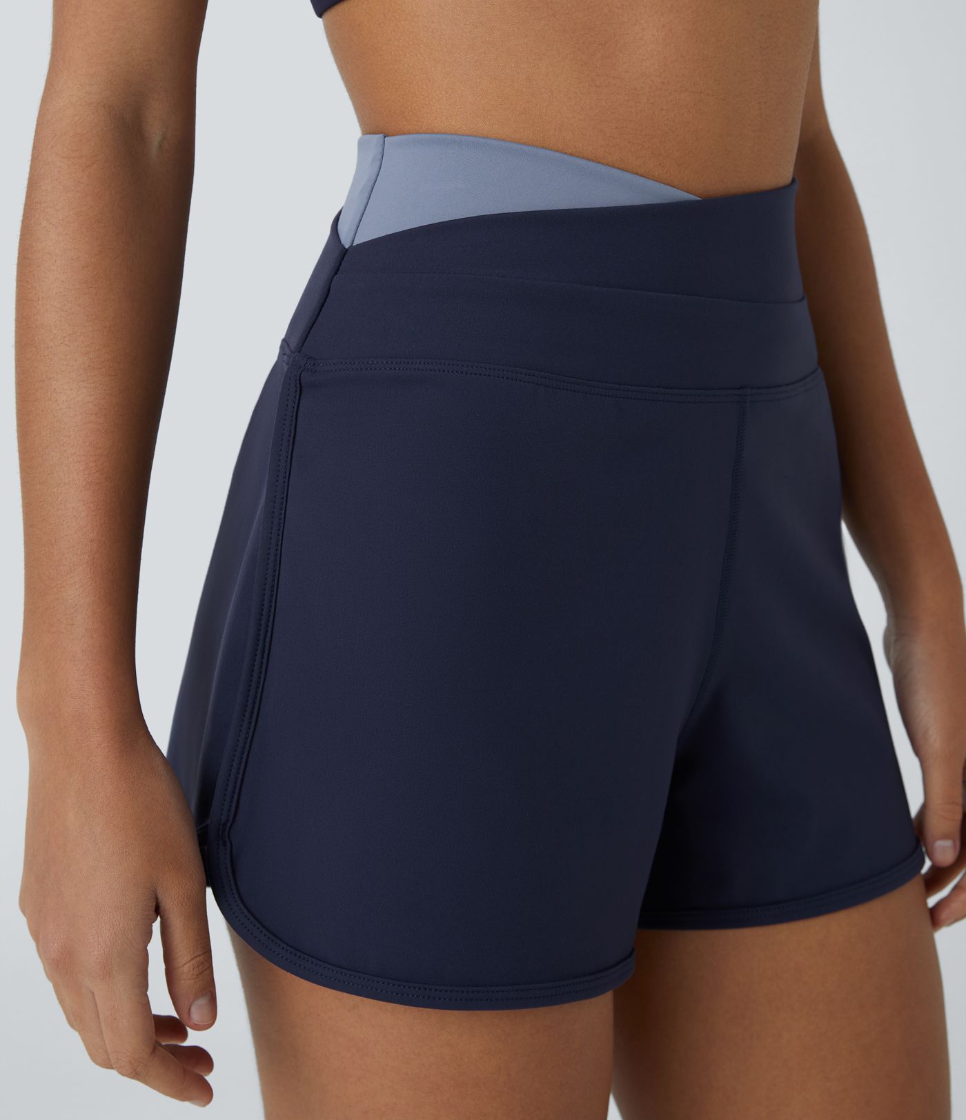SoftlyZero™ Plush High Waisted Crossover Color Block Curved Hem Yoga Shorts