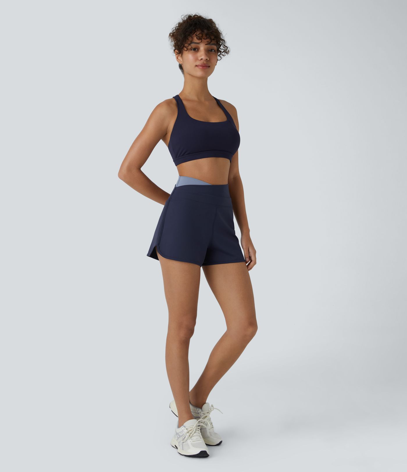 SoftlyZero™ Plush High Waisted Crossover Color Block Curved Hem Yoga Shorts