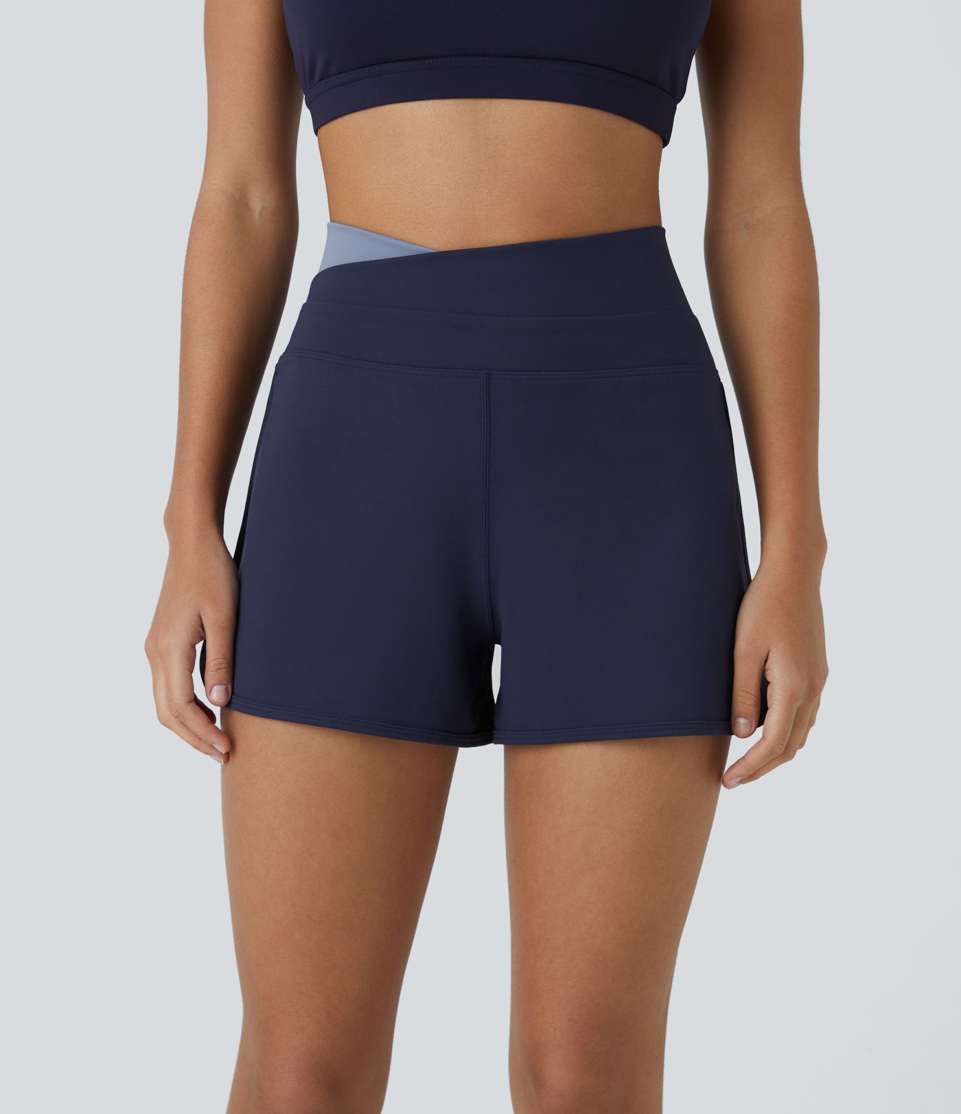 SoftlyZero™ Plush High Waisted Crossover Color Block Curved Hem Yoga Shorts