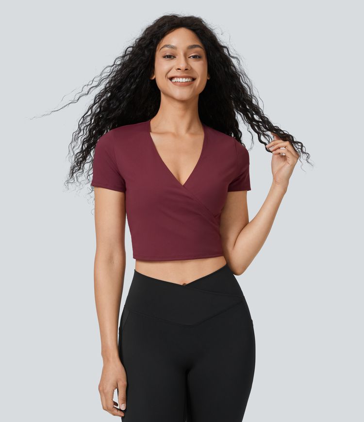 V Neck Short Sleeve Wrapped Tie Back Cropped Casual Blouse