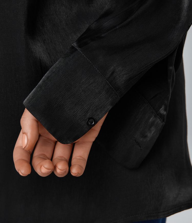 Chemise Travail Oversize Brillante à Col Poche sur la Poitrine Ourlet Courbé Haut-Bas