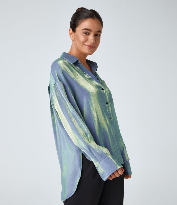 Collared Chest Pocket High Low Curved Hem Shine Oversize Work Shirt