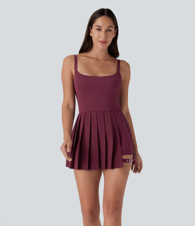 Amaranth Breezeful™ Pleated Adjustable Buckle 2-in-1 Pocket Micro Mini Quick Dry Casual Slip Dress / 1