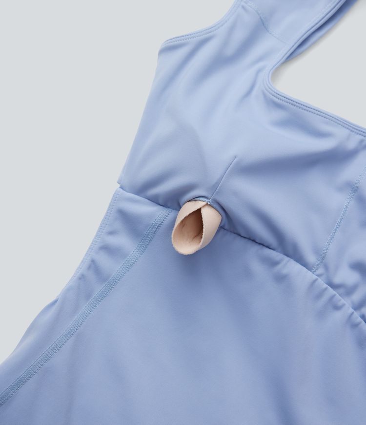 Robe courte décontractée moulante 2-en-1 aérée à col carré, sans manches, dos nu, bretelles ajustables, design torsadé, poches latérales, effet rafraîchissant Softlyzero™