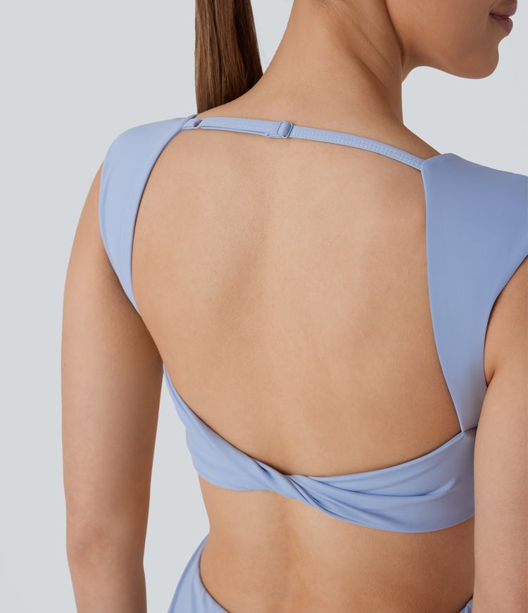 Robe courte décontractée moulante 2-en-1 aérée à col carré, sans manches, dos nu, bretelles ajustables, design torsadé, poches latérales, effet rafraîchissant Softlyzero™