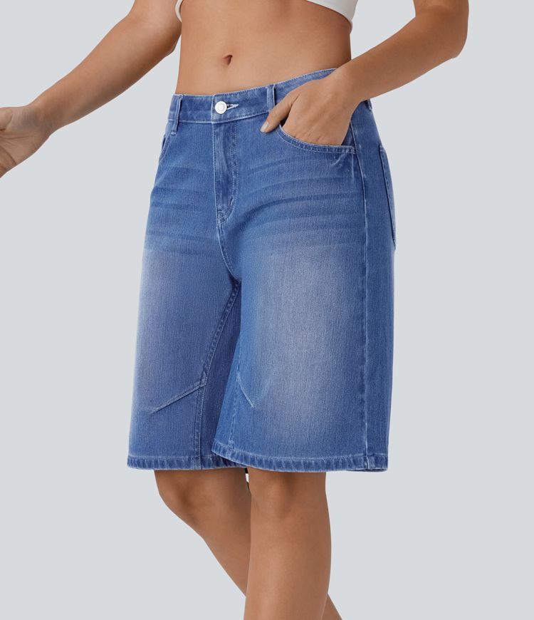 Halara Flex™ Low Rise Washed Stretchy Knit Denim Casual Bermuda Shorts with Pockets