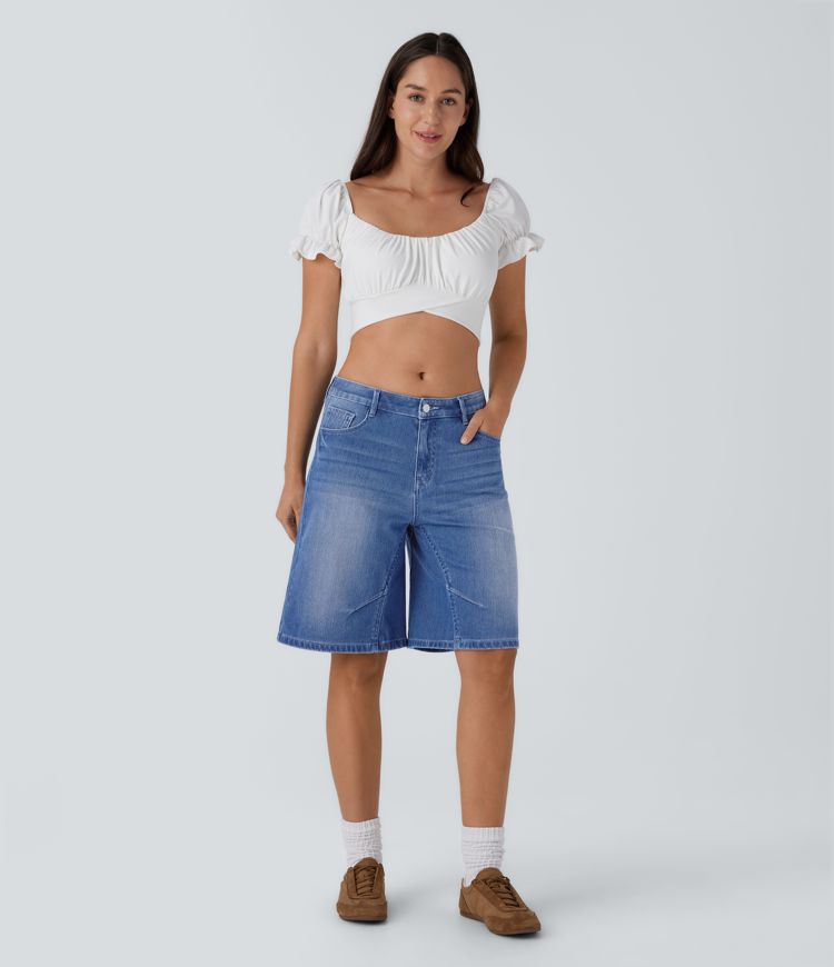 Halara Flex™ bermuda décontracté taille basse en jean extensible délavé avec poches