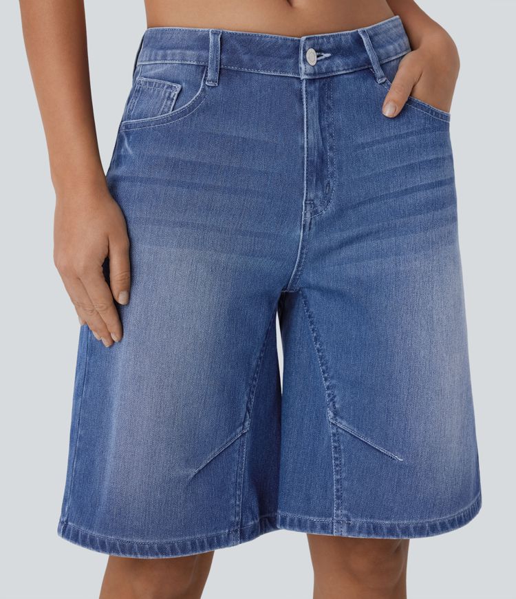 Halara Flex™ bermuda décontracté taille basse en jean extensible délavé avec poches
