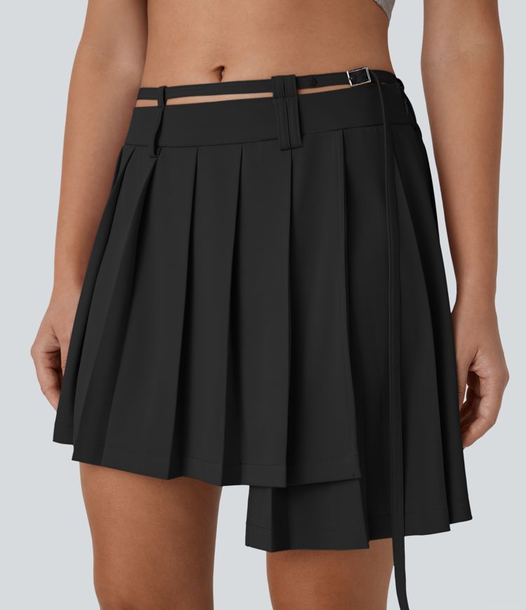 Mid Rise Belted Asymmetric Pleated Mini Casual Skirt