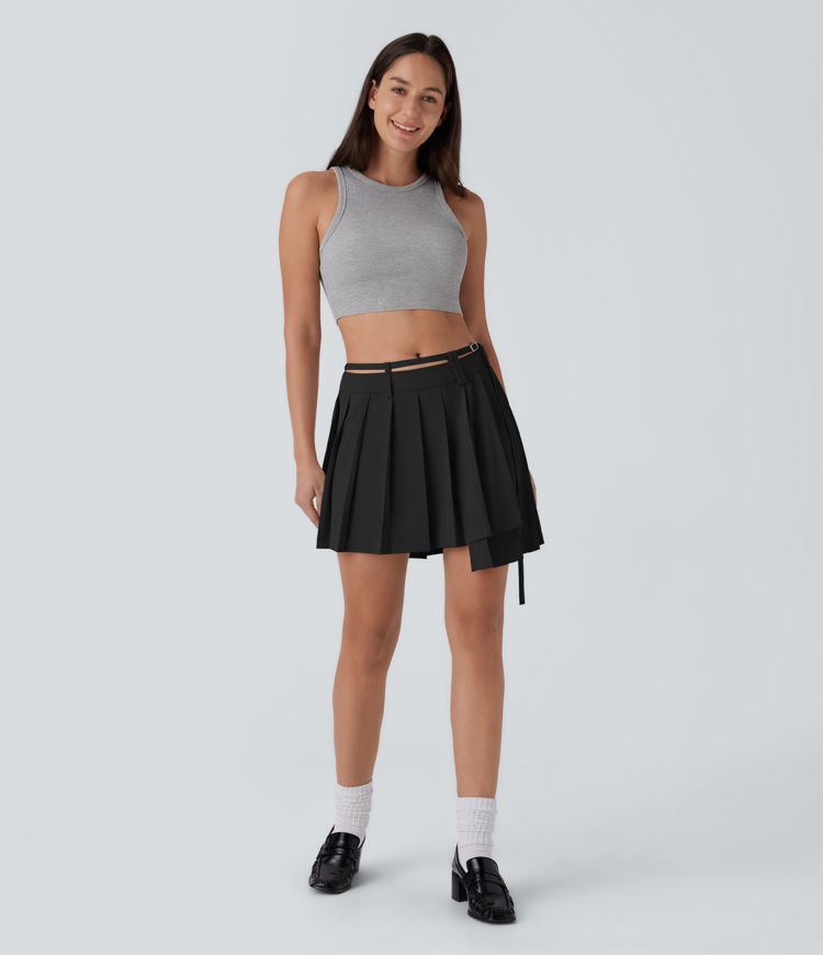 Mid Rise Belted Asymmetric Pleated Mini Casual Skirt
