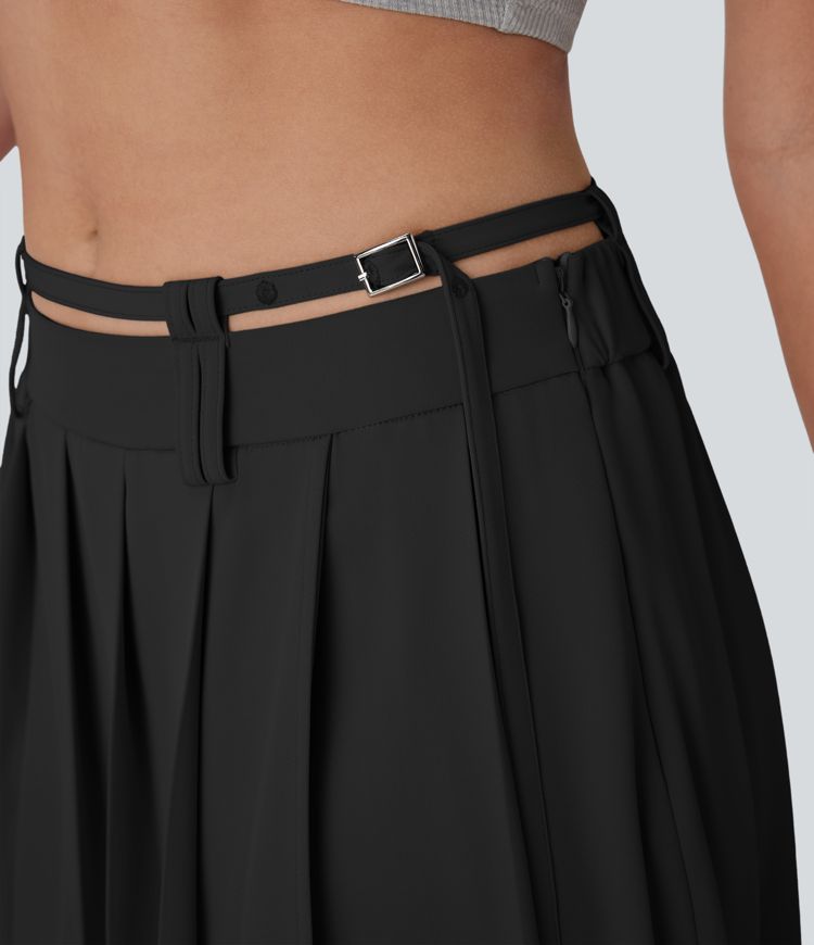Mid Rise Belted Asymmetric Pleated Mini Casual Skirt