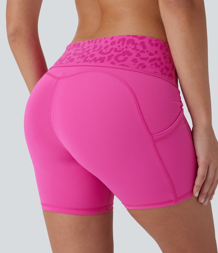 SoftlyZero™ QuickDry Foldover Super High Waisted Leopard Print Camo Pocket Yoga Biker Shorts 5''