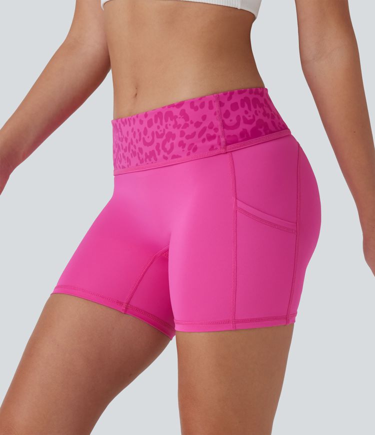 SoftlyZero™ QuickDry Foldover Super High Waisted Leopard Print Camo Pocket Yoga Biker Shorts 5''