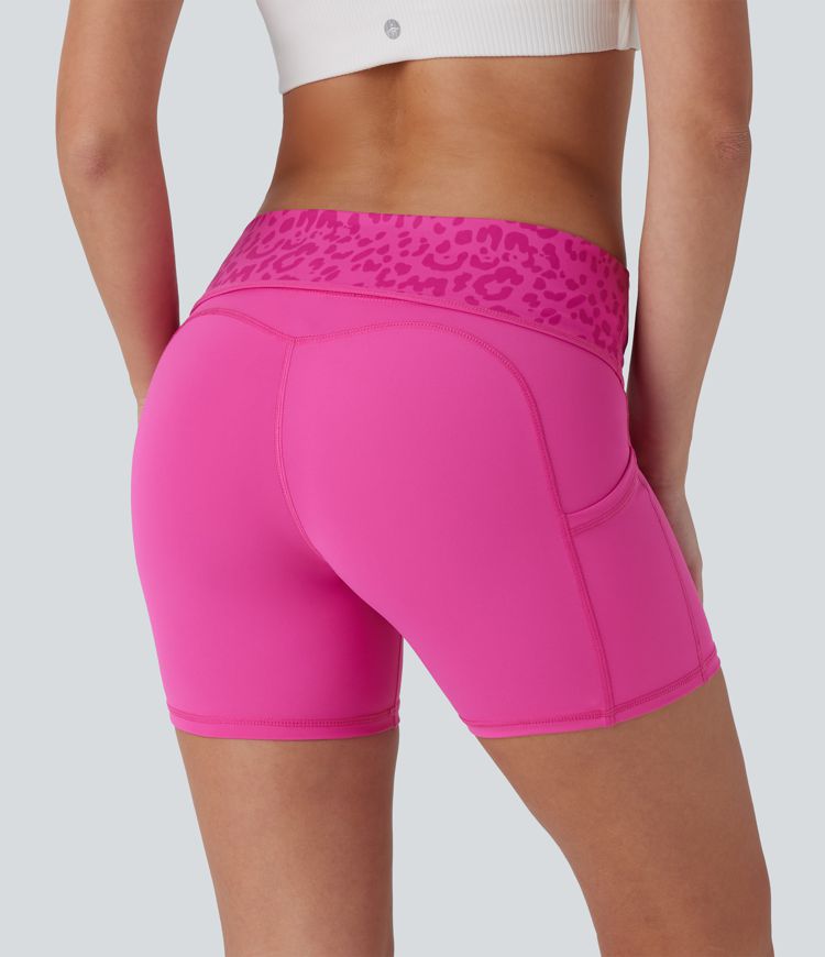 SoftlyZero™ QuickDry Foldover Super High Waisted Leopard Print Camo Pocket Yoga Biker Shorts 5''