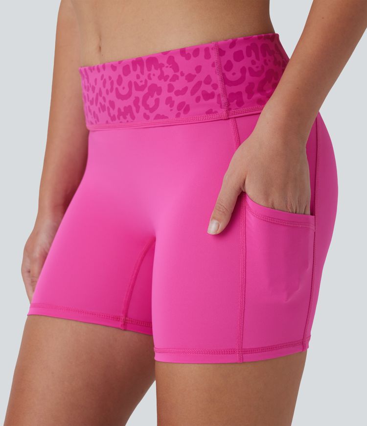 SoftlyZero™ QuickDry Foldover Super High Waisted Leopard Print Camo Pocket Yoga Biker Shorts 5''
