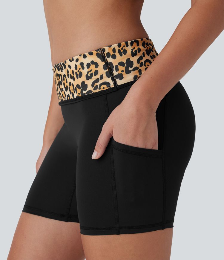 SoftlyZero™ QuickDry Foldover Super High Waisted Leopard Print Camo Pocket Yoga Biker Shorts 5''