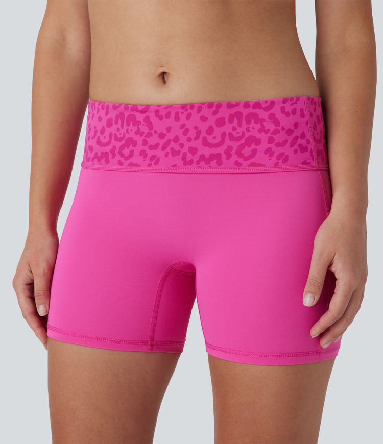 SoftlyZero™ QuickDry Foldover Super High Waisted Leopard Print Camo Pocket Yoga Biker Shorts 5''